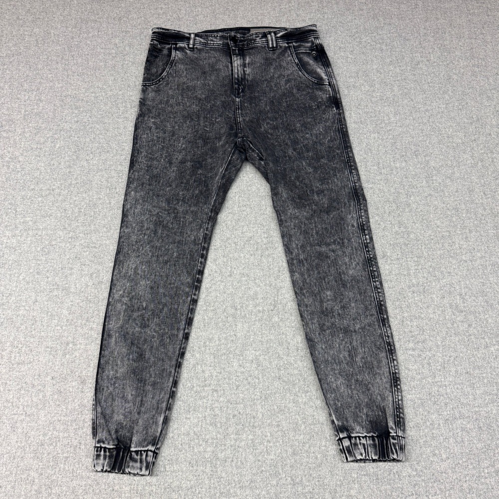 Standard Cloth Denim Jogger Pants Size 34 Gray Acid Wash Stretch Elastic Hem 643